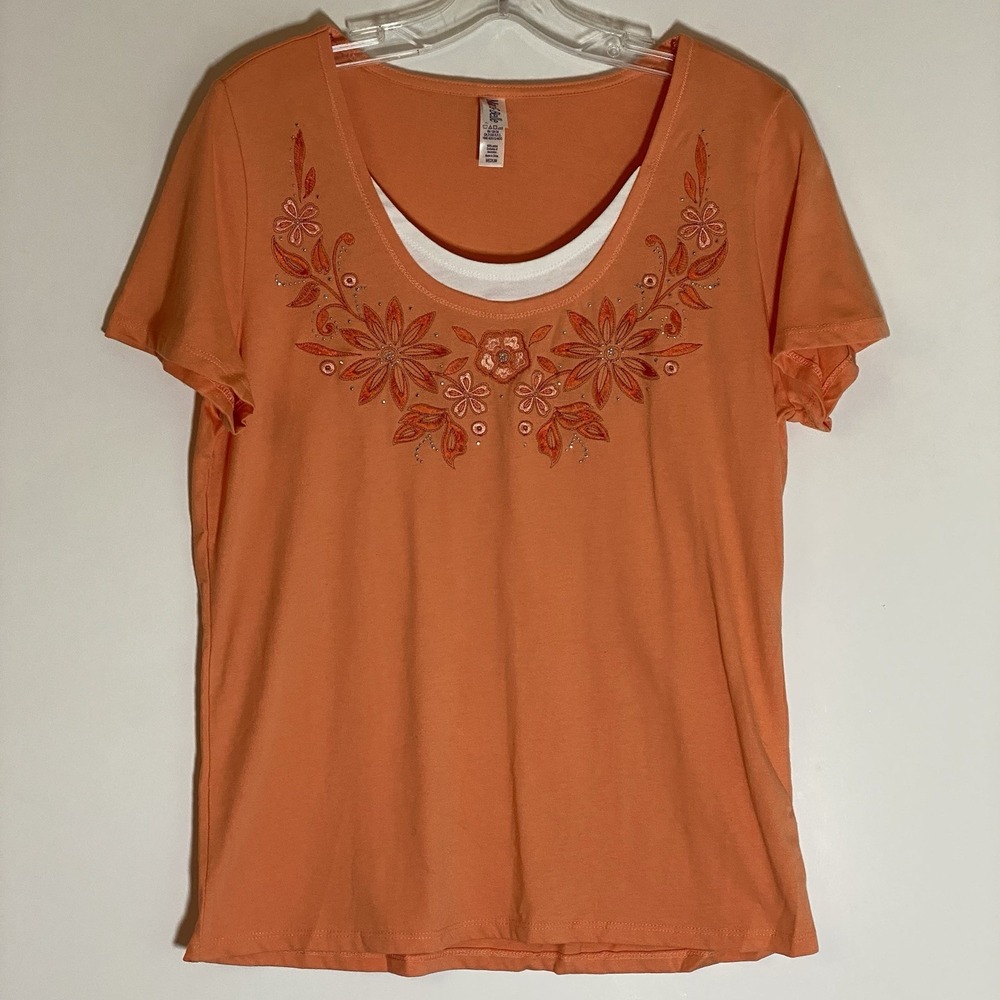 Mac & Belle Top Womens Medium Orange Floral Embroidered Layered Scoop Neck VTG M